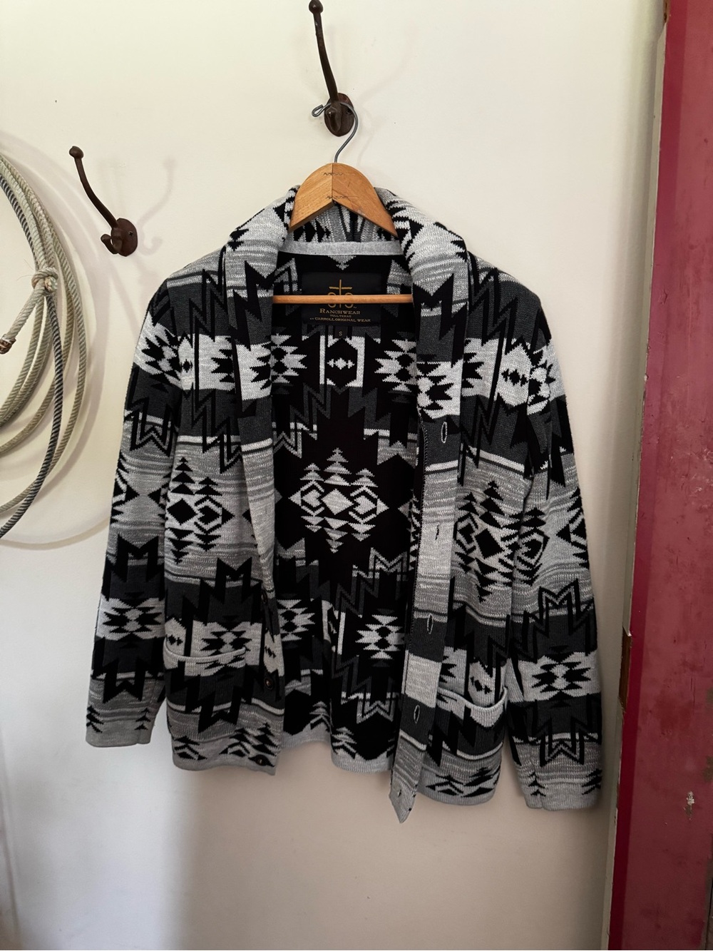 STS Ranchwear Black and Gray Aztec Shawl Collar Cardigan